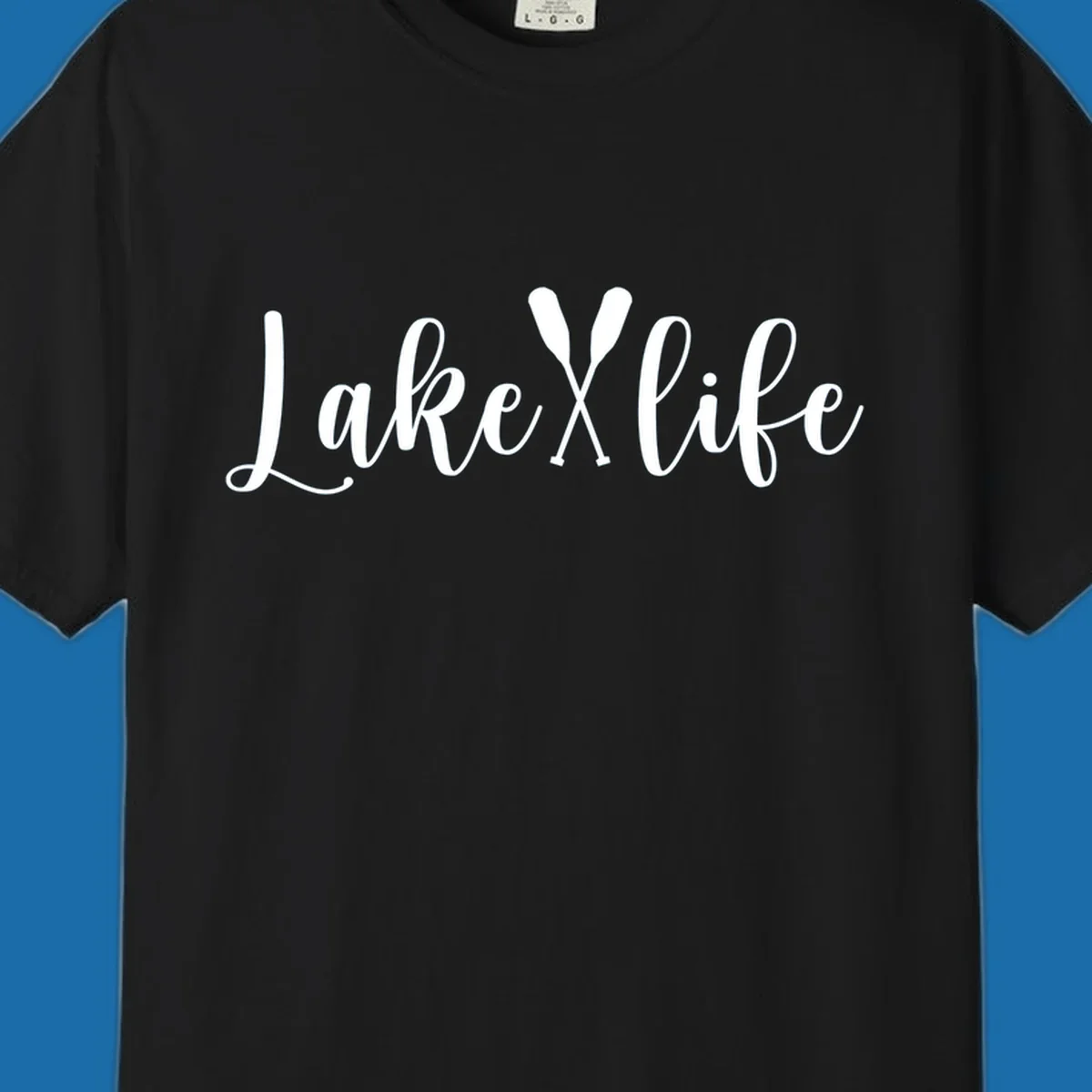 White text 'Lake Life' with crossed oars on a black background, representing lake-life-oars.