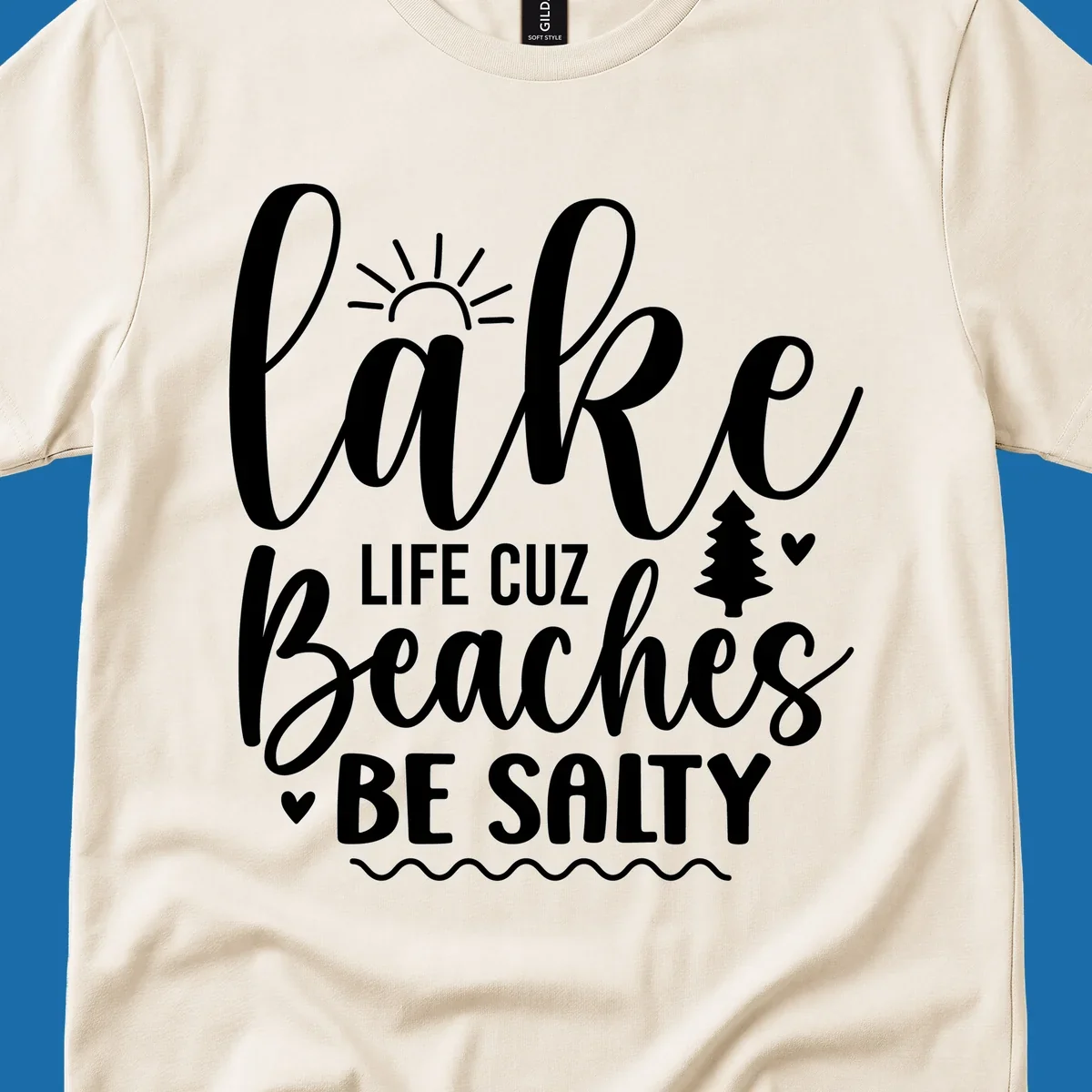 Lake Life Cuzz Beaches Be Salty design with sun, tree, and hearts.