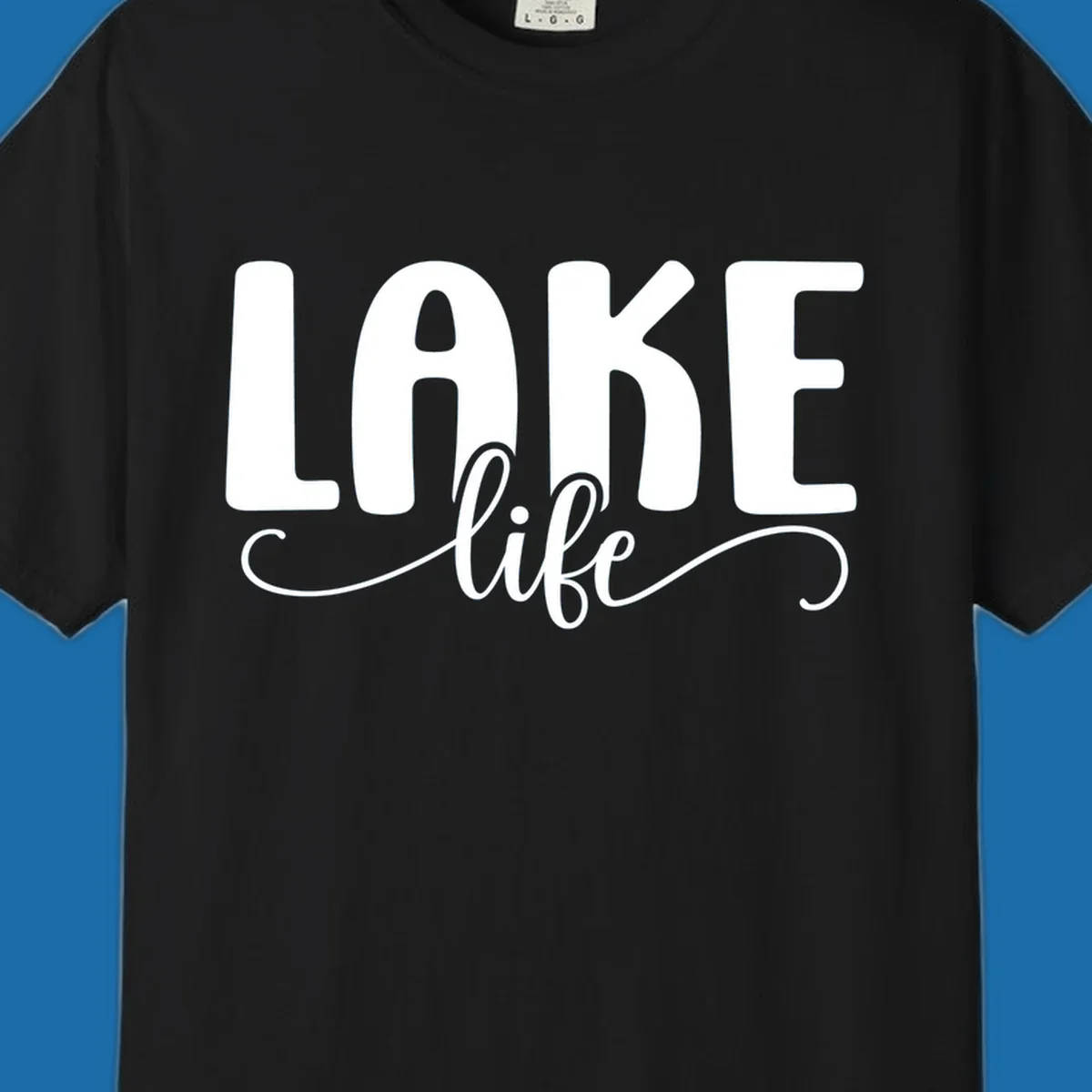White typography design with 'LAKE' in bold block letters and 'life' in script, representing lake life.