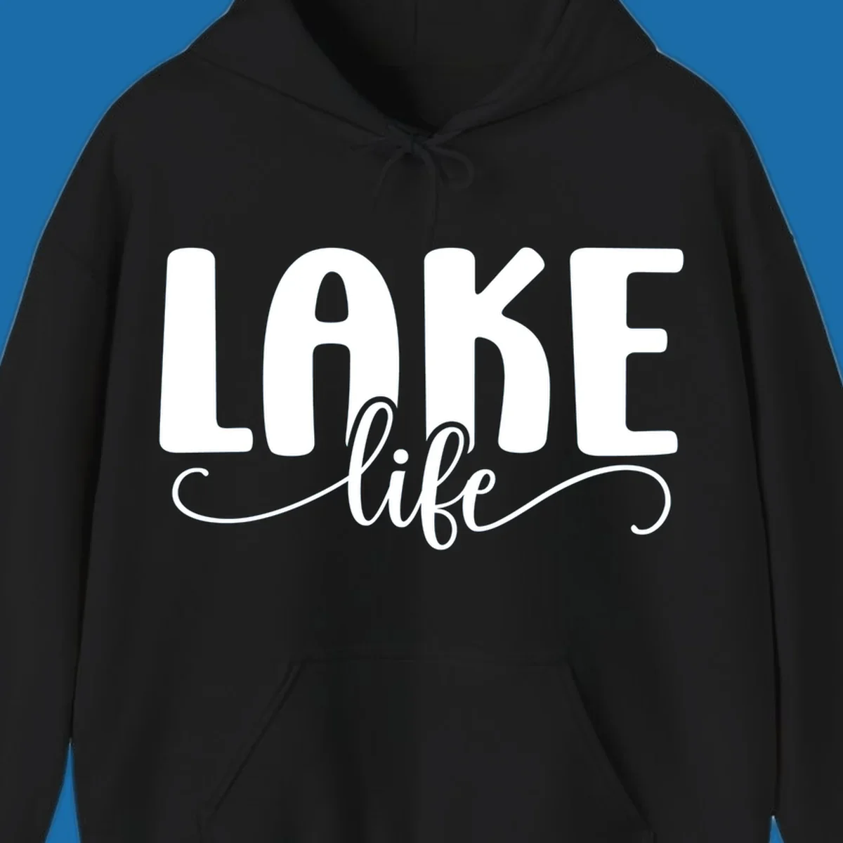 White typography design with 'LAKE' in bold block letters and 'life' in script, representing lake life.