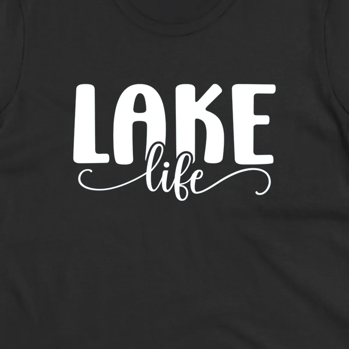 White typography design with 'LAKE' in bold block letters and 'life' in script, representing lake life.