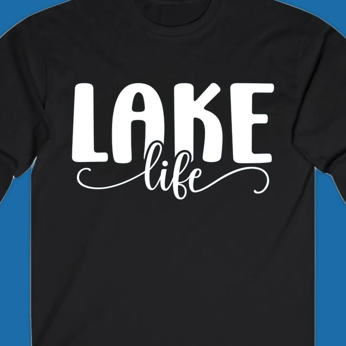 White typography design with 'LAKE' in bold block letters and 'life' in script, representing lake life.