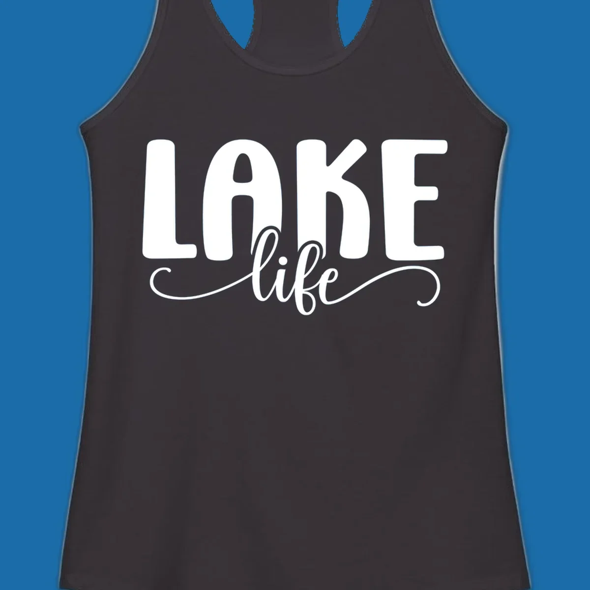 White typography design with 'LAKE' in bold block letters and 'life' in script, representing lake life.