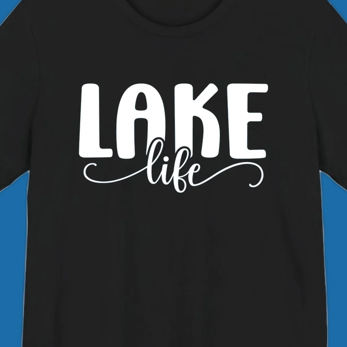 White typography design with 'LAKE' in bold block letters and 'life' in script, representing lake life.