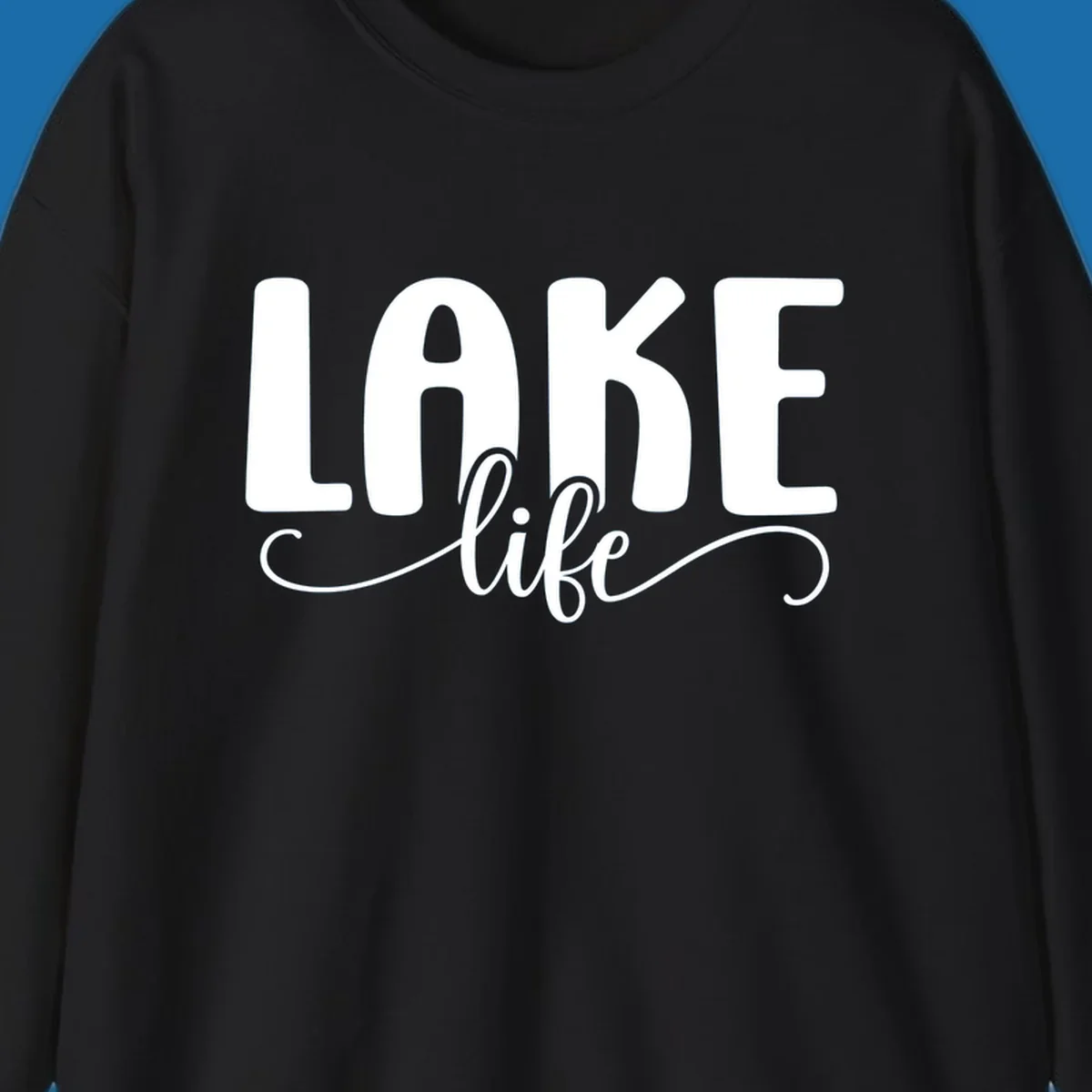 White typography design with 'LAKE' in bold block letters and 'life' in script, representing lake life.