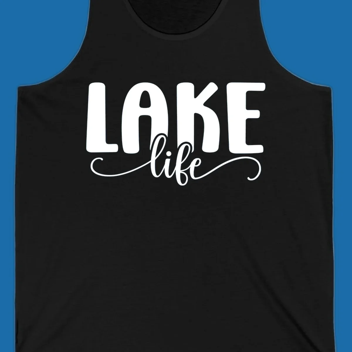 White typography design with 'LAKE' in bold block letters and 'life' in script, representing lake life.
