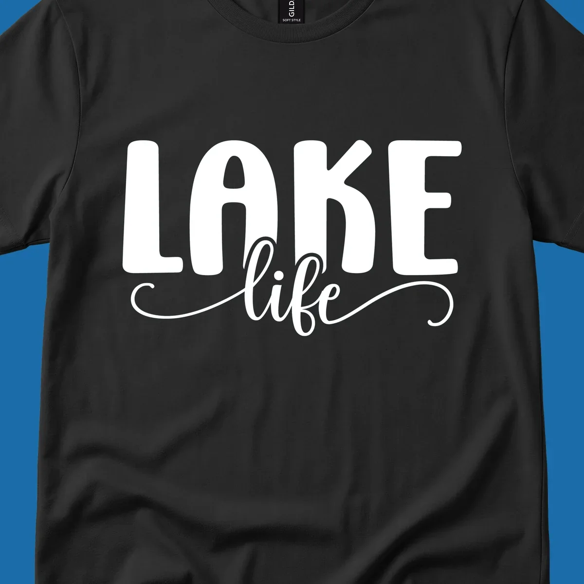 White typography design with 'LAKE' in bold block letters and 'life' in script, representing lake life.