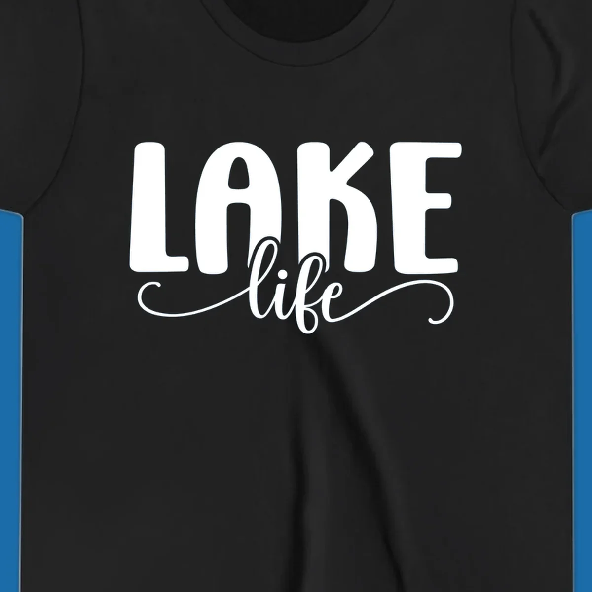 White typography design with 'LAKE' in bold block letters and 'life' in script, representing lake life.