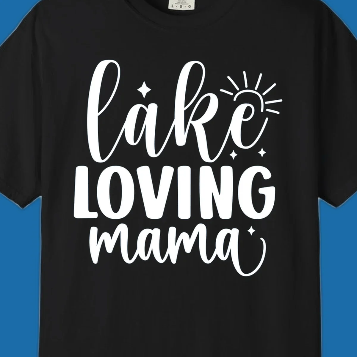 Lake loving mama script design with sun and sparkles.