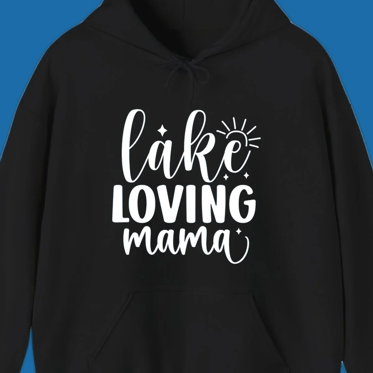 Lake loving mama script design with sun and sparkles.