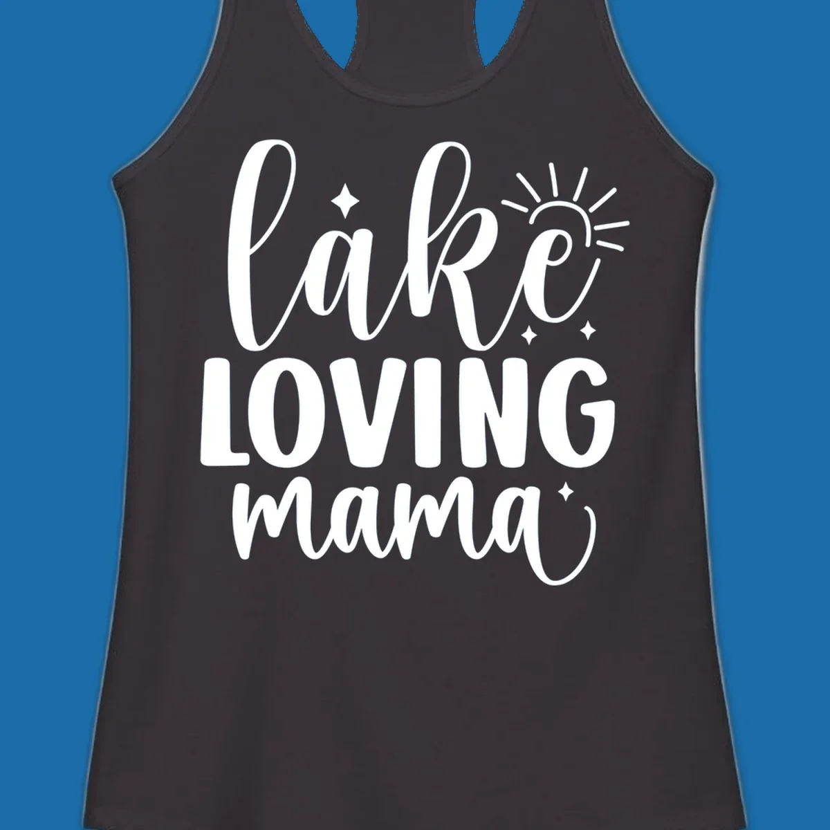 Lake loving mama script design with sun and sparkles.