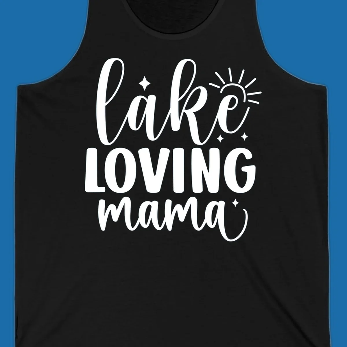 Lake loving mama script design with sun and sparkles.