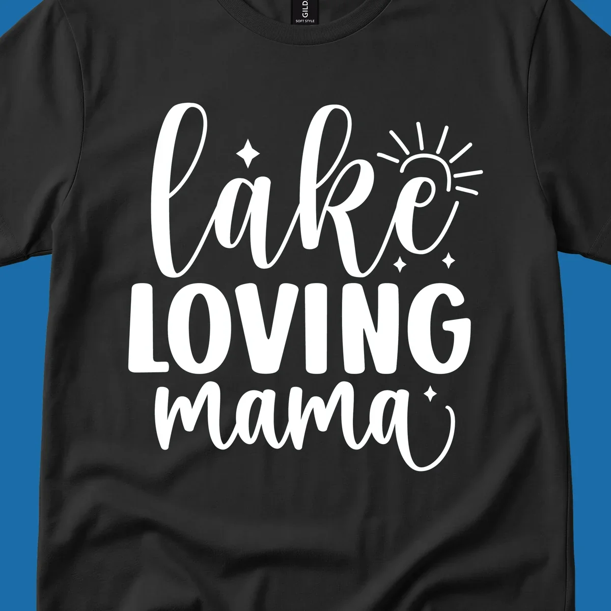 Lake loving mama script design with sun and sparkles.