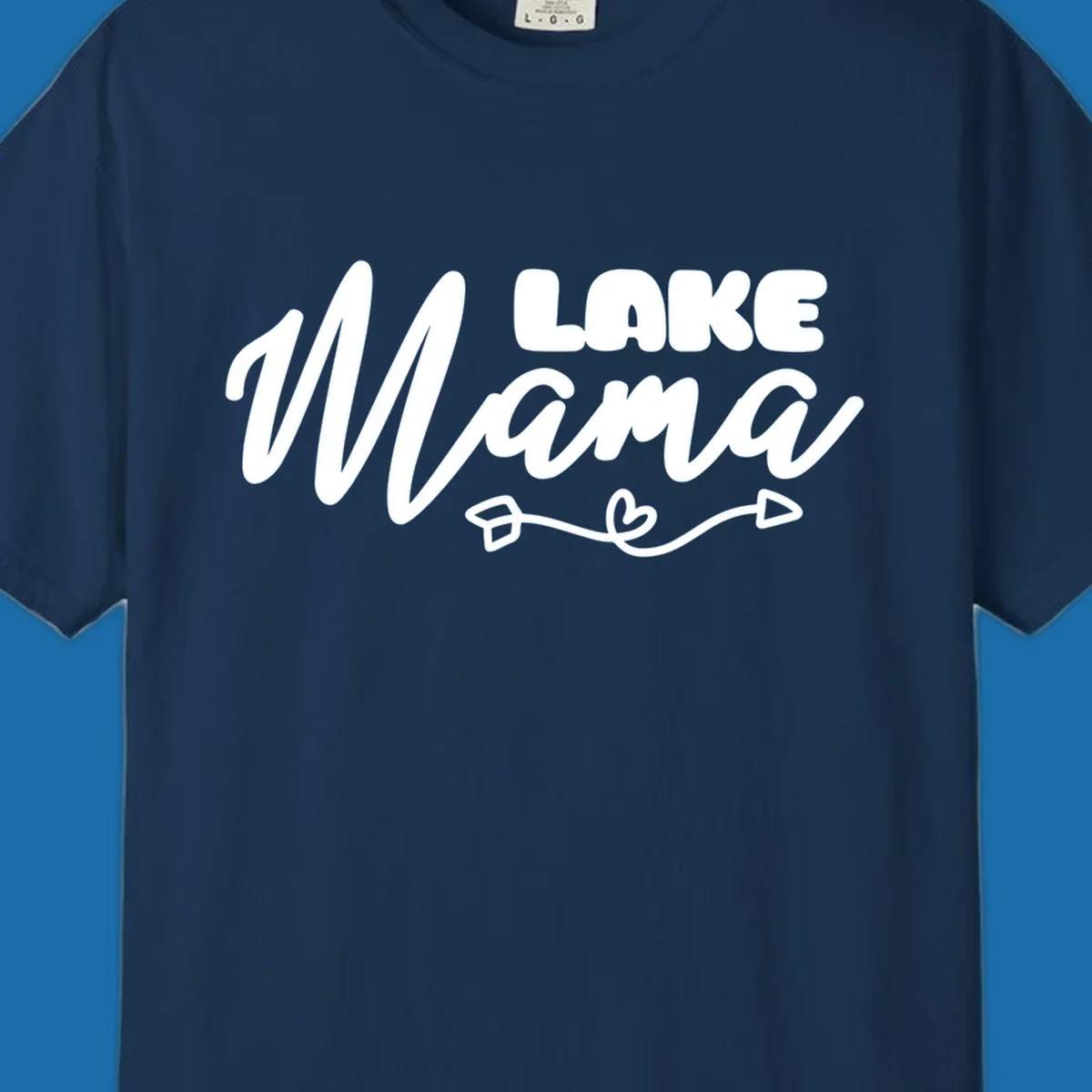 Lake Mama text with arrow and heart graphic, lifestyle design.
