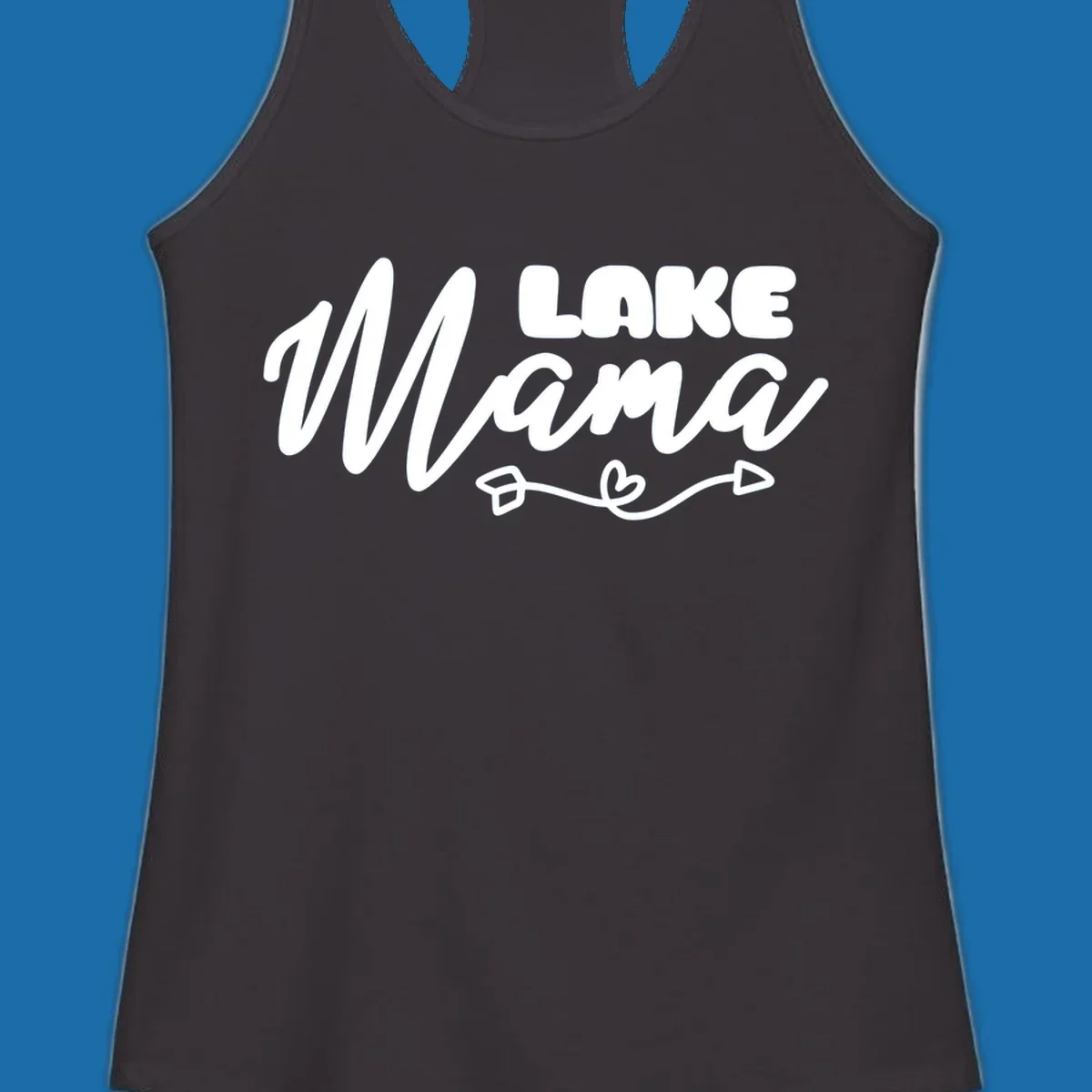 Lake Mama text with arrow and heart graphic, lifestyle design.