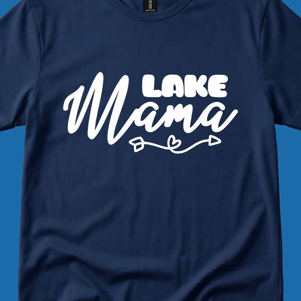 Lake Mama text with arrow and heart graphic, lifestyle design.