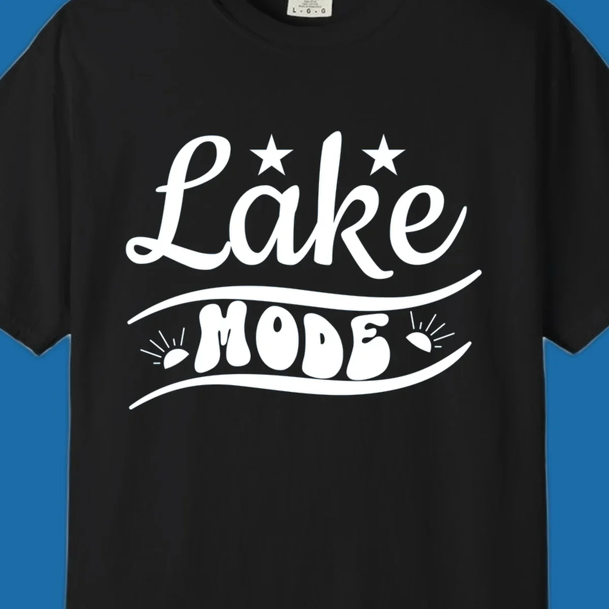 Retro 'Lake Mode' design with stars and sun rays, white on black and black on white.
