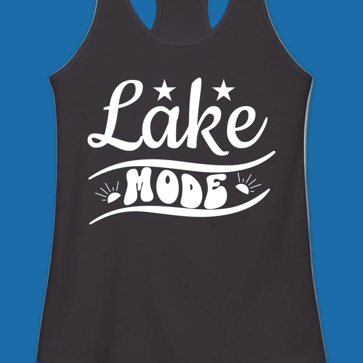 Retro 'Lake Mode' design with stars and sun rays, white on black and black on white.