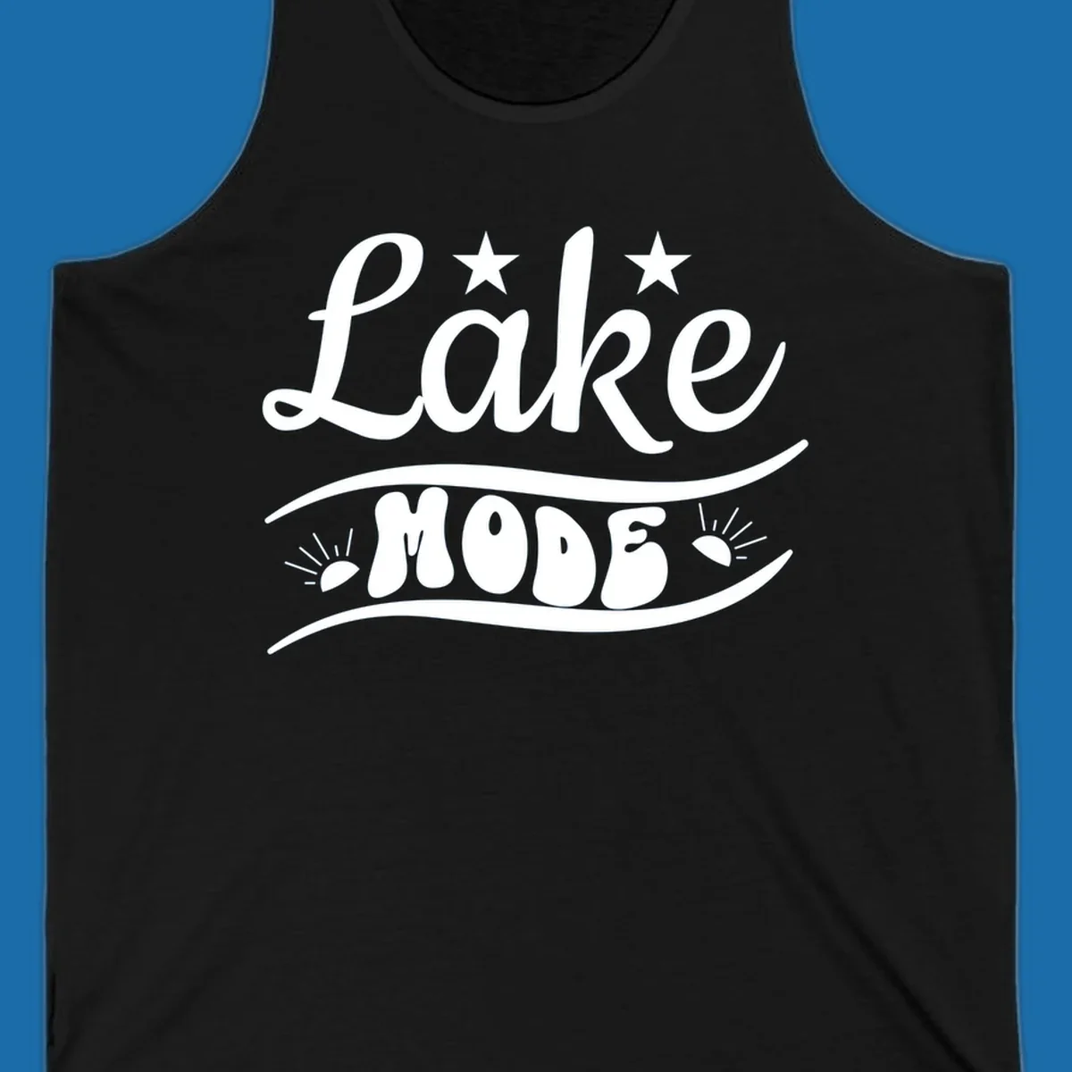 Retro 'Lake Mode' design with stars and sun rays, white on black and black on white.