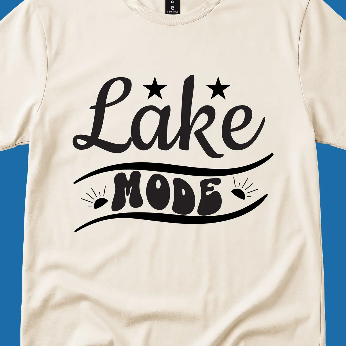Retro 'Lake Mode' design with stars and sun rays, white on black and black on white.