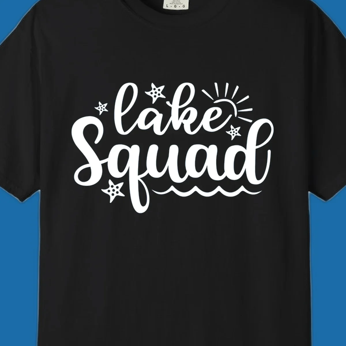 Lake Squad summer vibes text with sun, stars, and waves graphic.