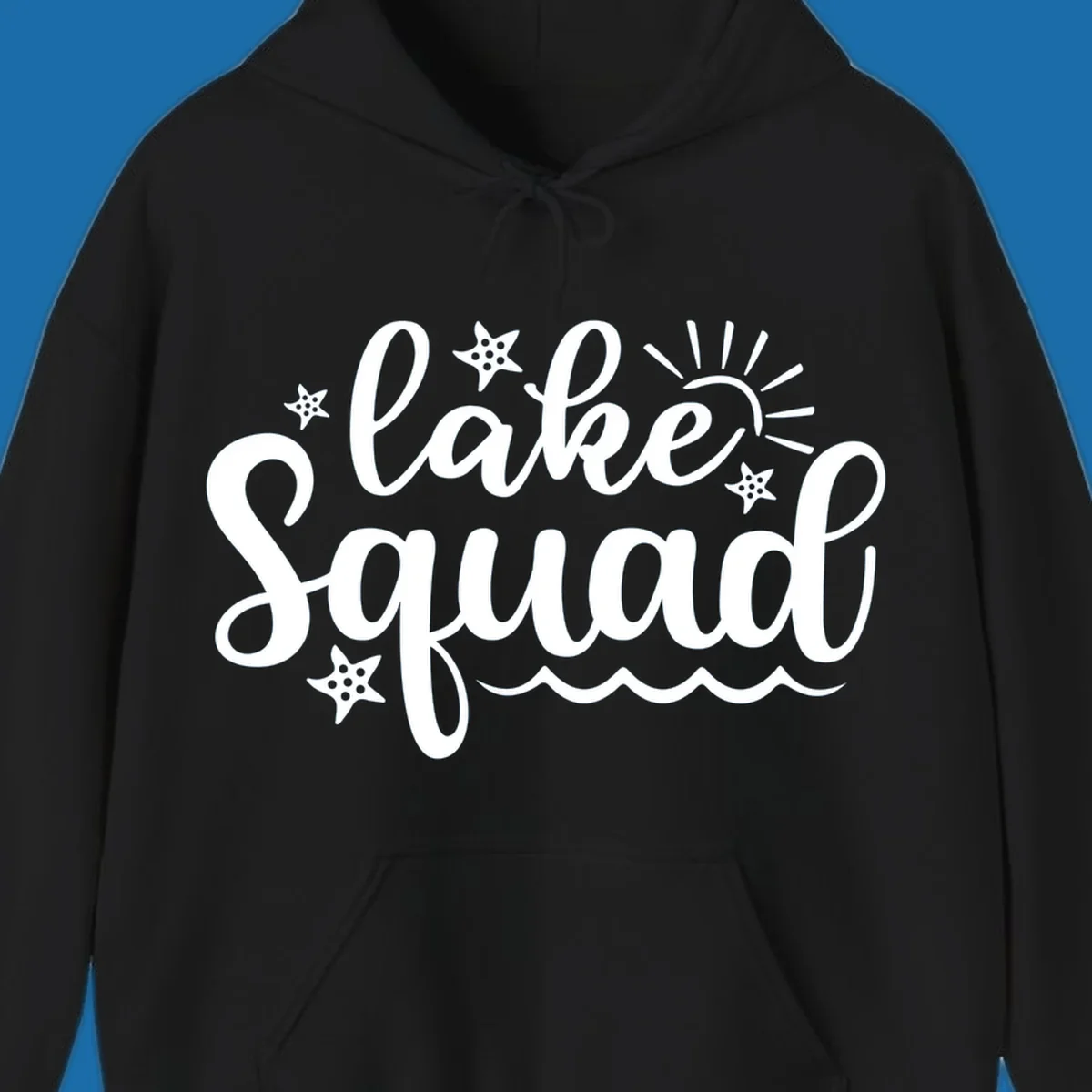 Lake Squad summer vibes text with sun, stars, and waves graphic.