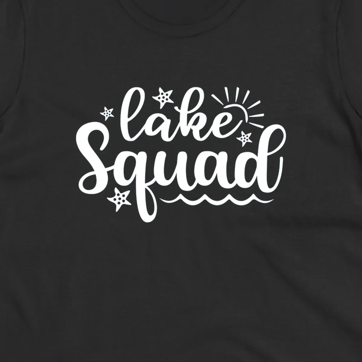 Lake Squad summer vibes text with sun, stars, and waves graphic.
