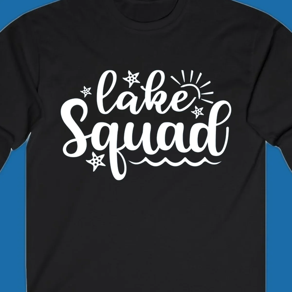 Lake Squad summer vibes text with sun, stars, and waves graphic.