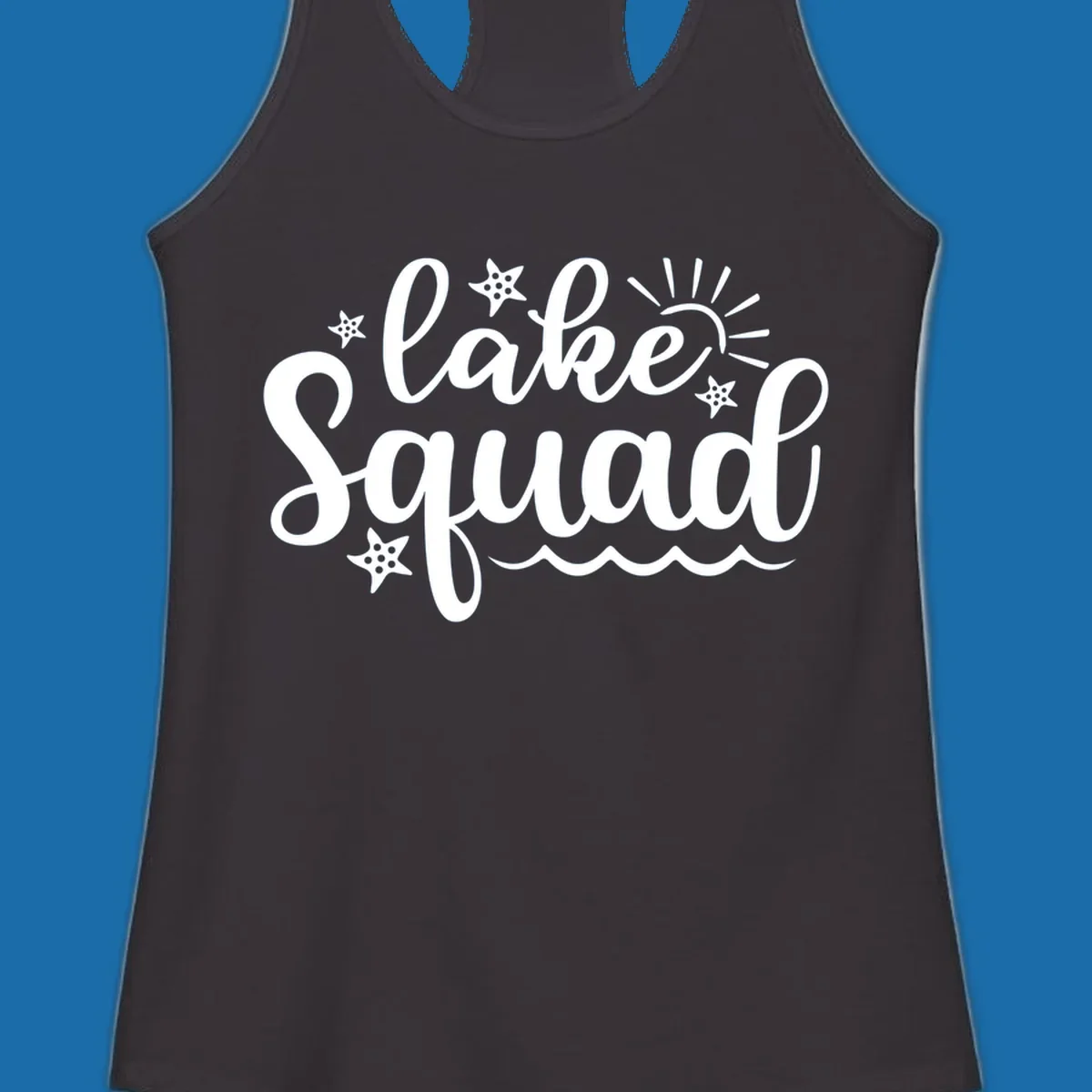 Lake Squad summer vibes text with sun, stars, and waves graphic.