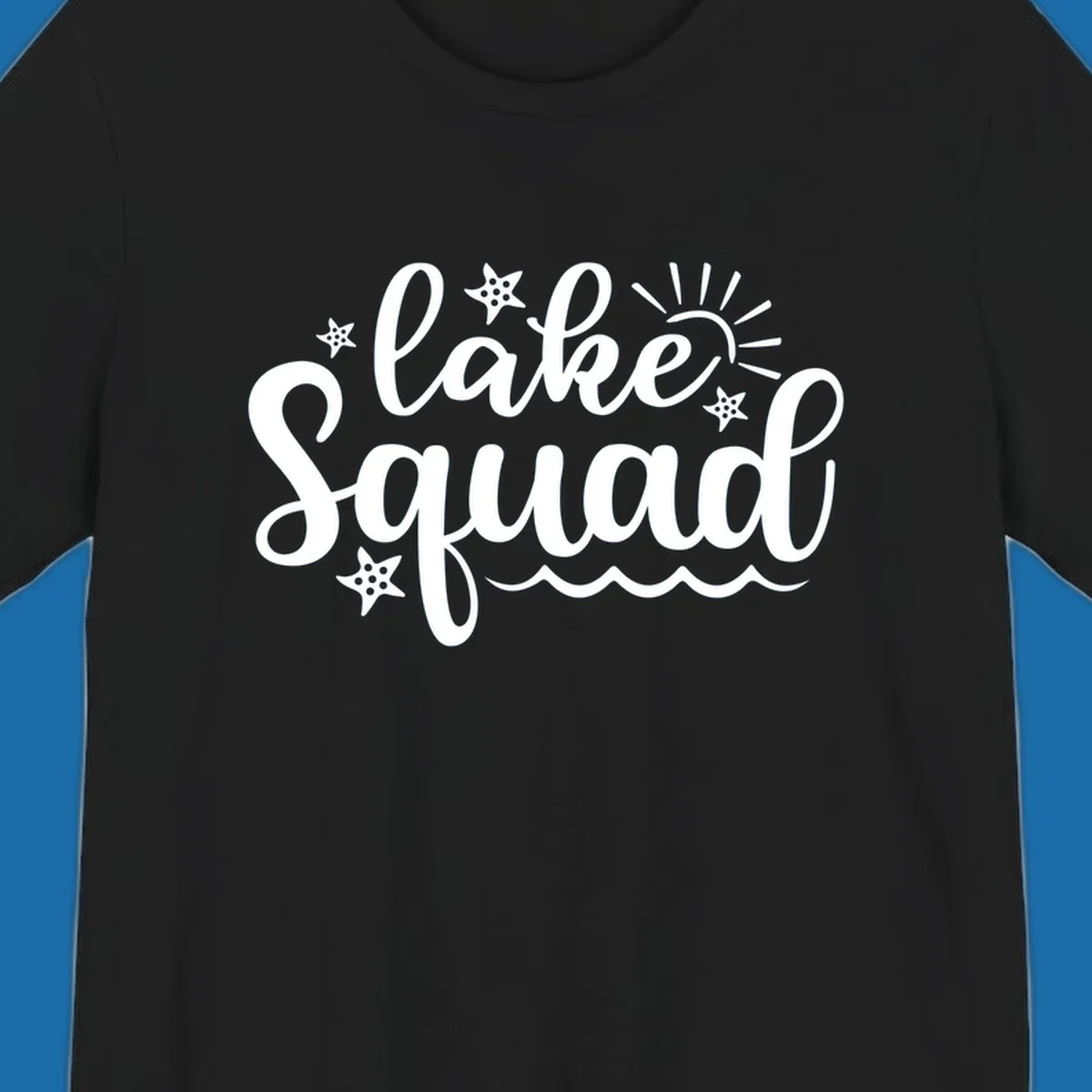Lake Squad summer vibes text with sun, stars, and waves graphic.
