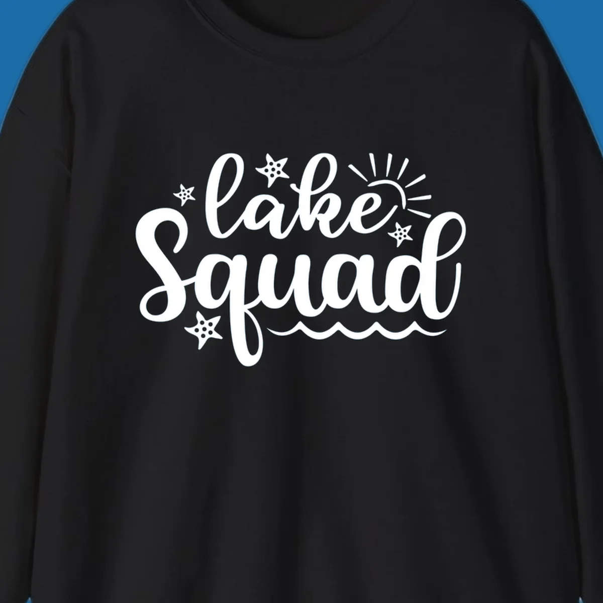 Lake Squad summer vibes text with sun, stars, and waves graphic.