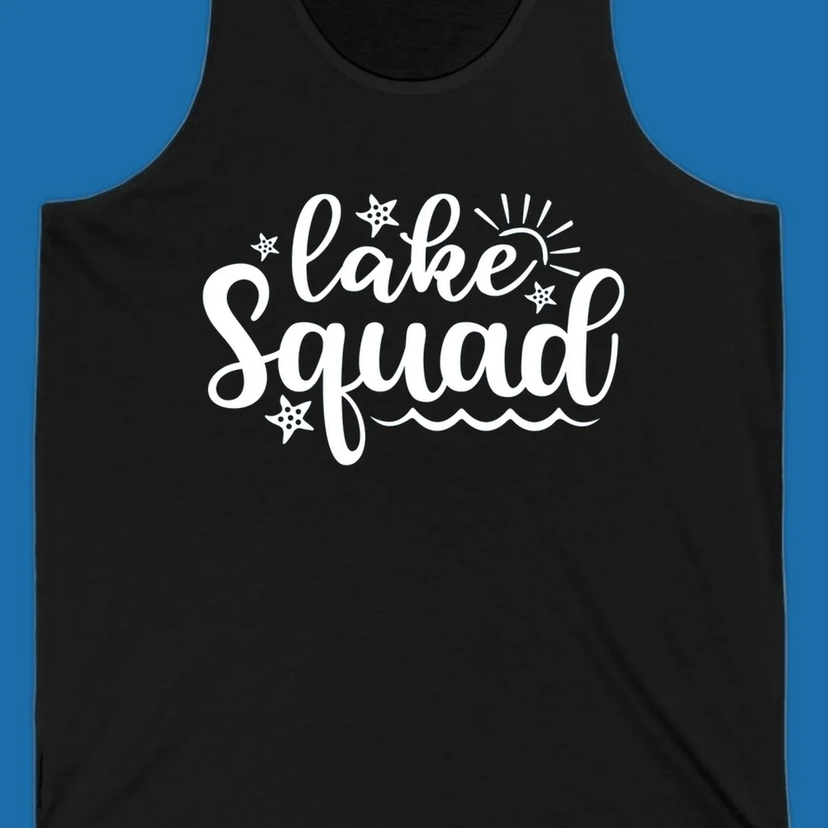 Lake Squad summer vibes text with sun, stars, and waves graphic.