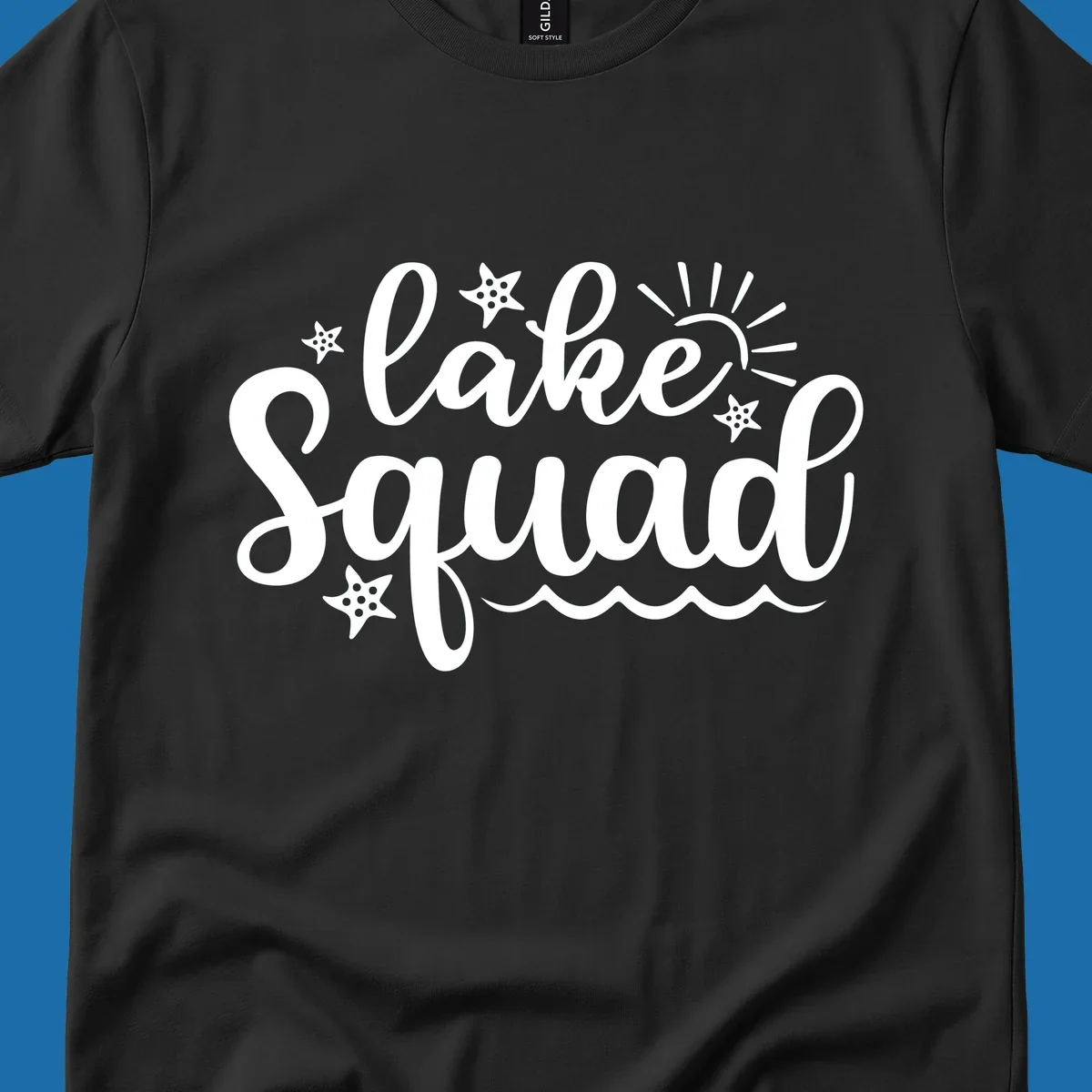 Lake Squad summer vibes text with sun, stars, and waves graphic.