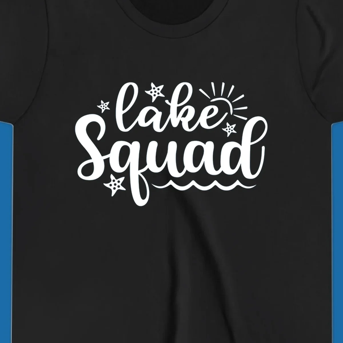Lake Squad summer vibes text with sun, stars, and waves graphic.