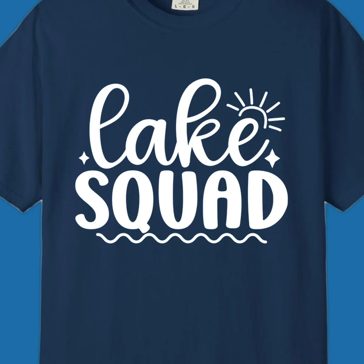 Lake Squad text with sun and stars, white on black and black on white.