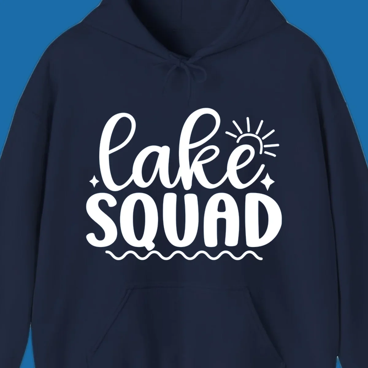 Lake Squad text with sun and stars, white on black and black on white.