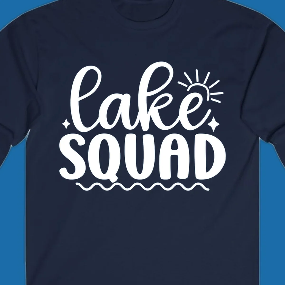 Lake Squad text with sun and stars, white on black and black on white.