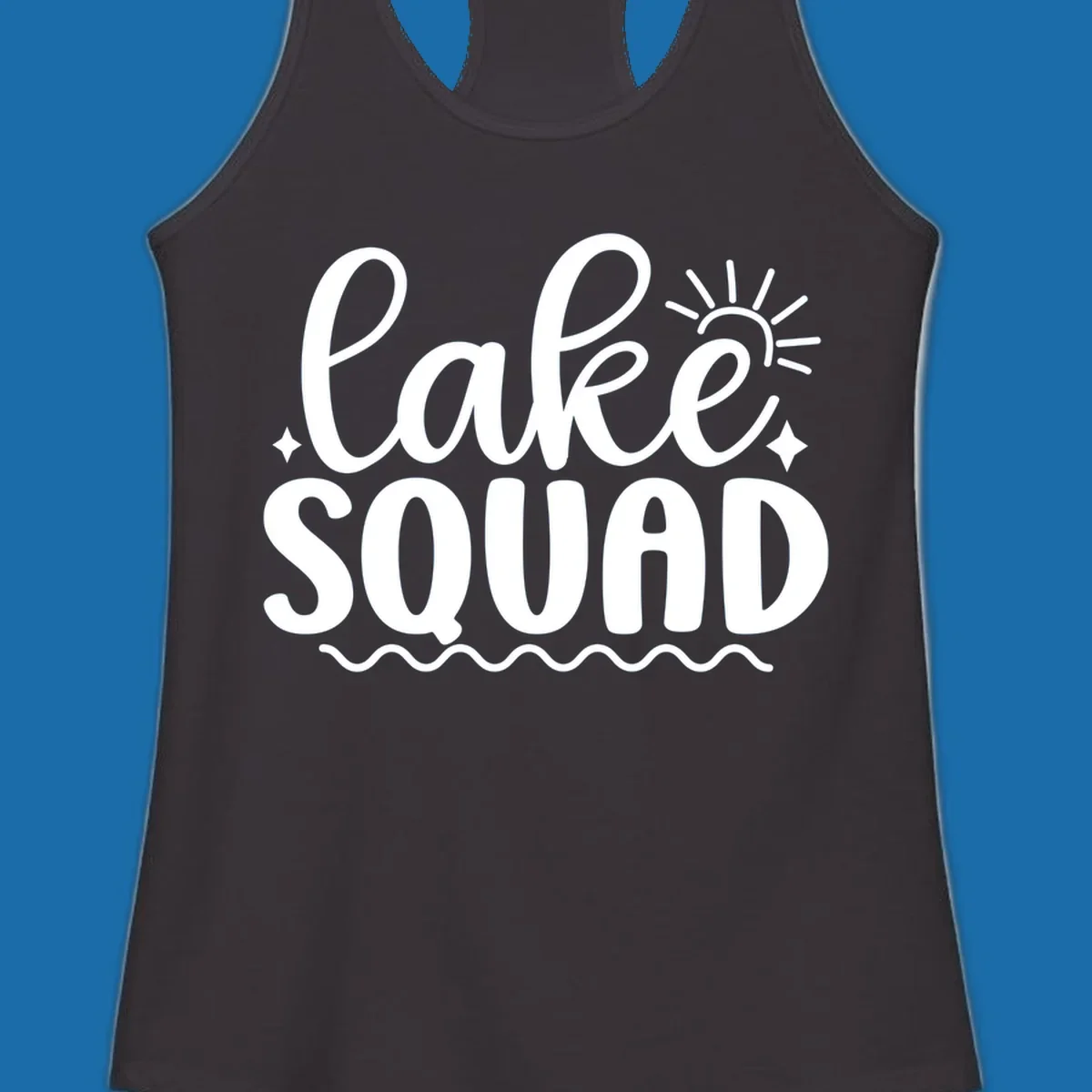 Lake Squad text with sun and stars, white on black and black on white.