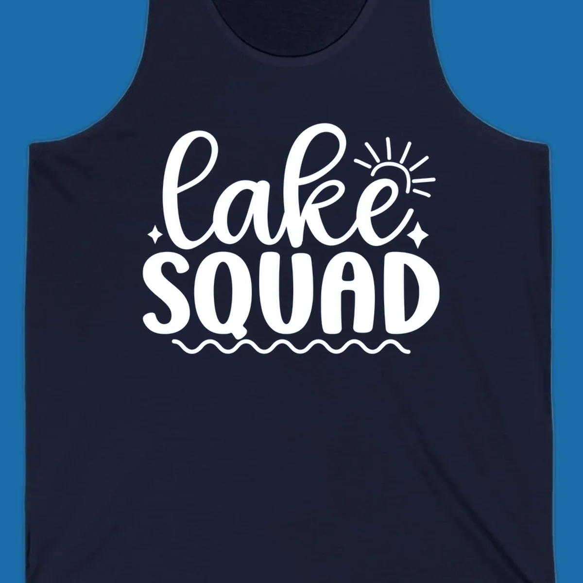 Lake Squad text with sun and stars, white on black and black on white.