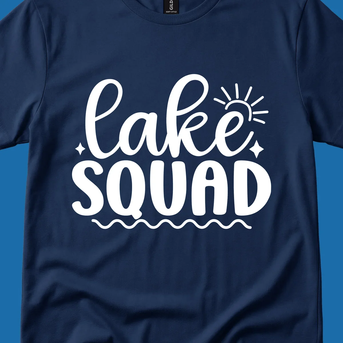Lake Squad text with sun and stars, white on black and black on white.