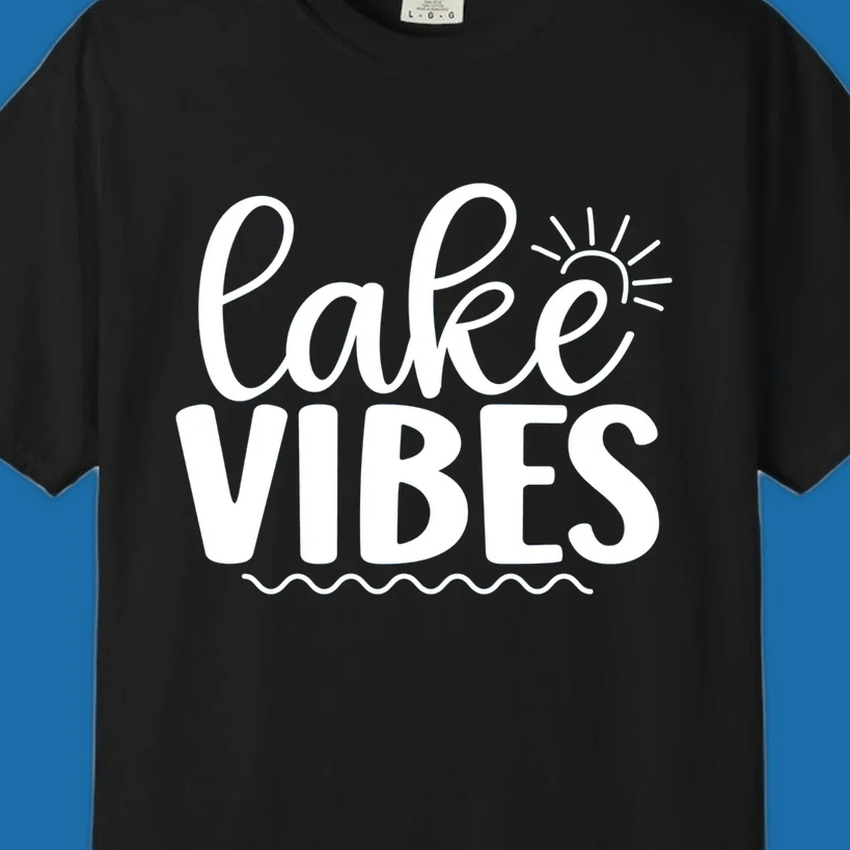 White text 'lake VIBES' with sun and wavy lines, for lake-day apparel.