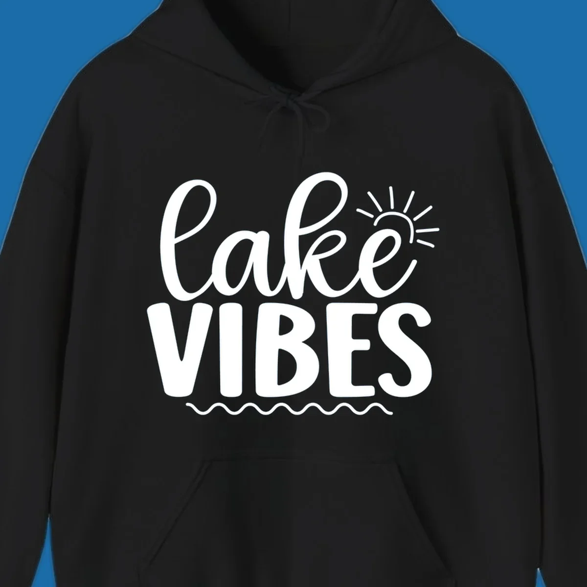 White text 'lake VIBES' with sun and wavy lines, for lake-day apparel.