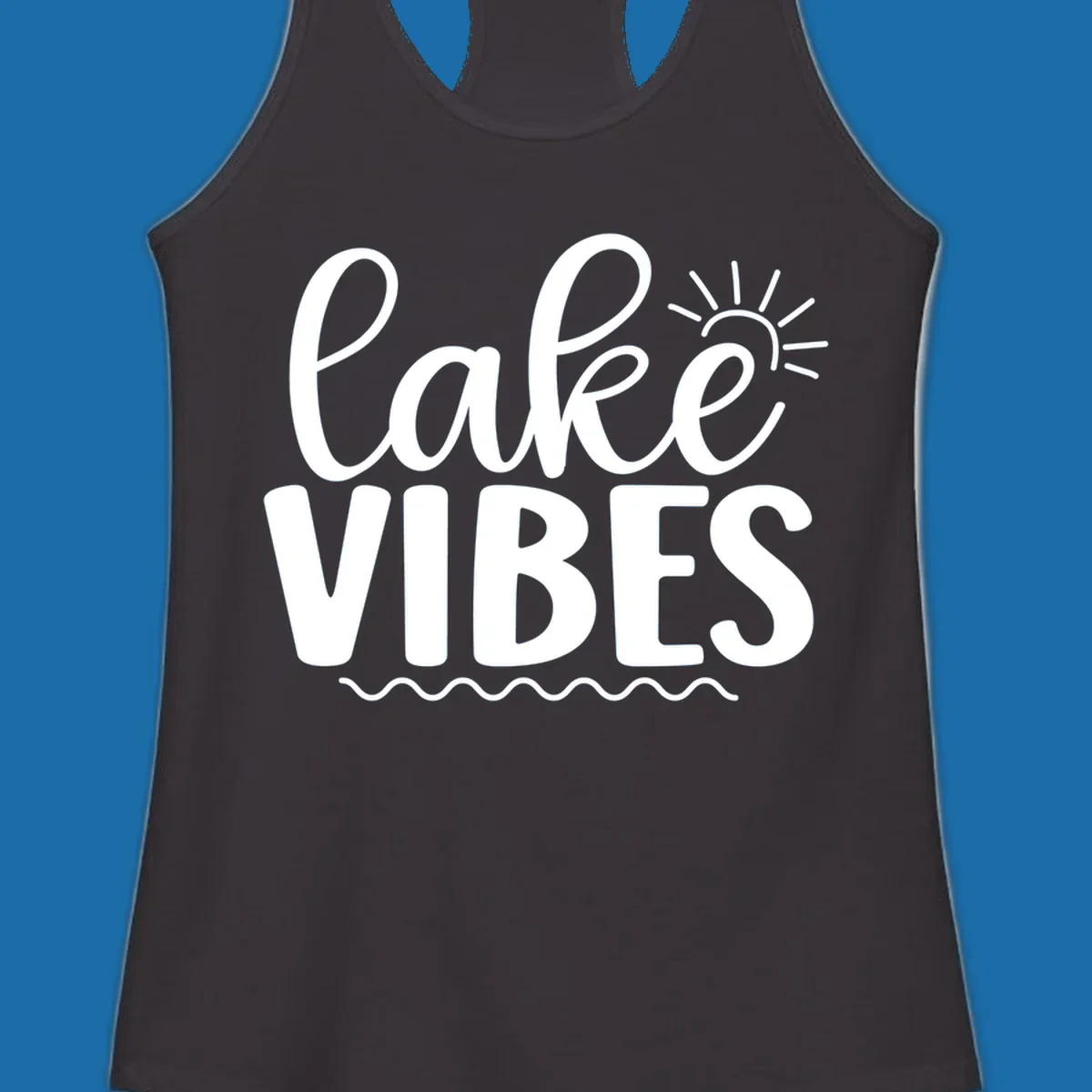 White text 'lake VIBES' with sun and wavy lines, for lake-day apparel.