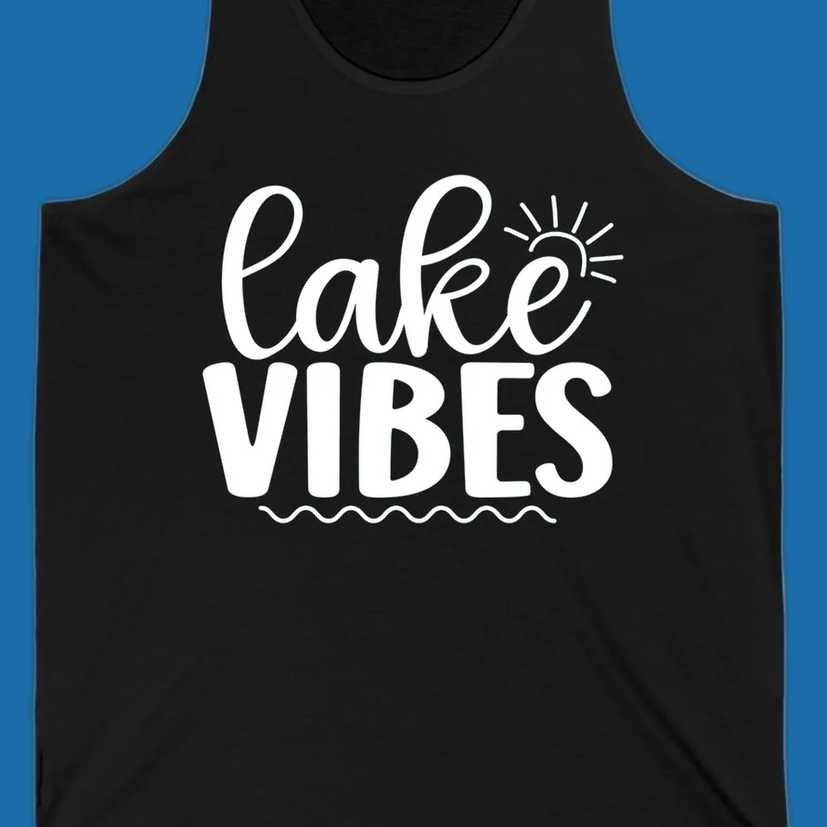 White text 'lake VIBES' with sun and wavy lines, for lake-day apparel.