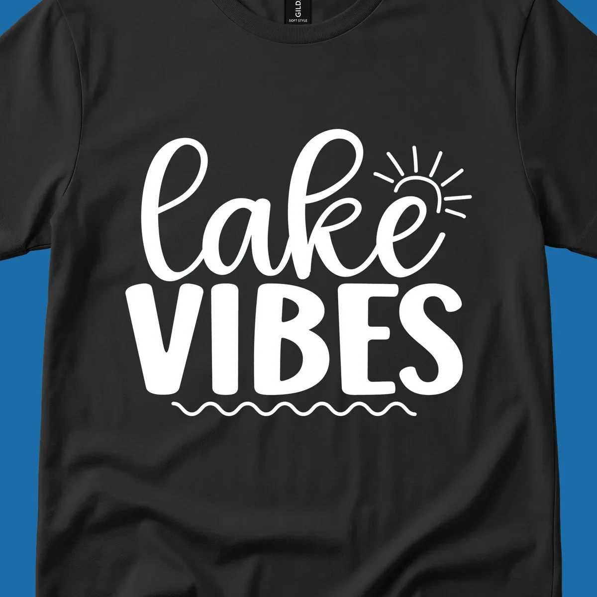 White text 'lake VIBES' with sun and wavy lines, for lake-day apparel.