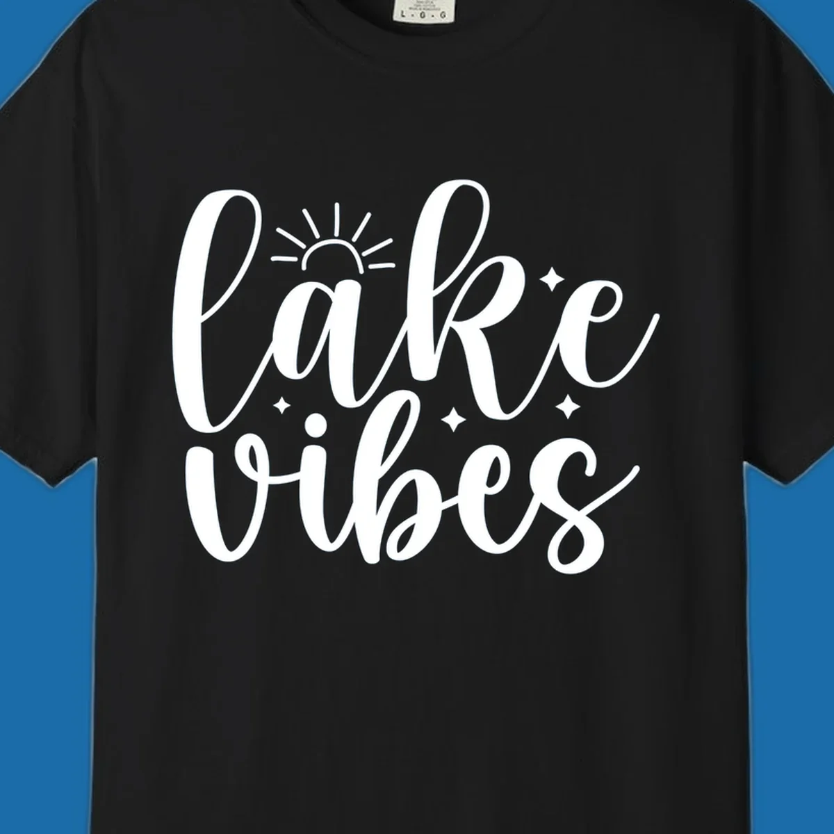 White script text 'lake vibes' with sun and stars graphic, perfect for lake life.