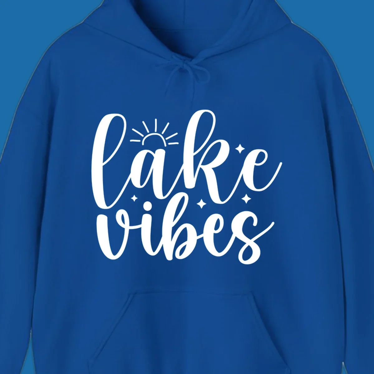 White script text 'lake vibes' with sun and stars graphic, perfect for lake life.