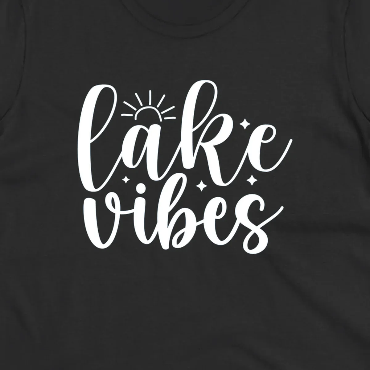 White script text 'lake vibes' with sun and stars graphic, perfect for lake life.