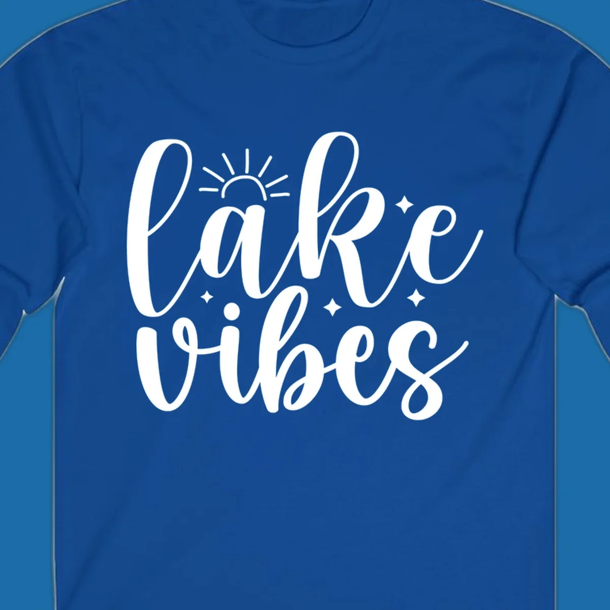 White script text 'lake vibes' with sun and stars graphic, perfect for lake life.