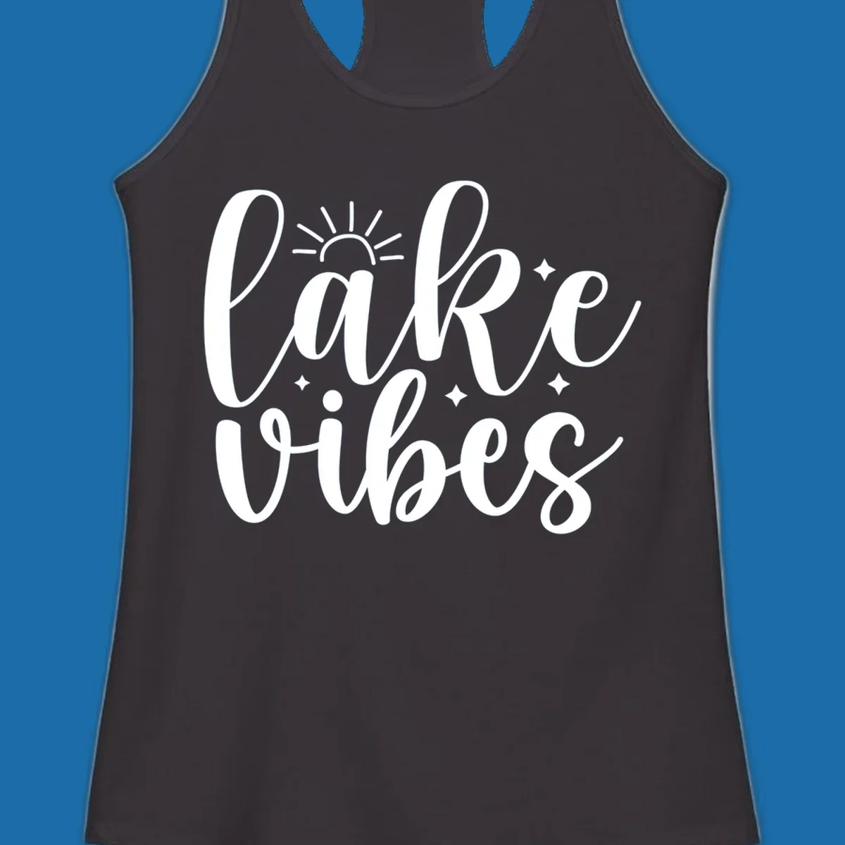 White script text 'lake vibes' with sun and stars graphic, perfect for lake life.